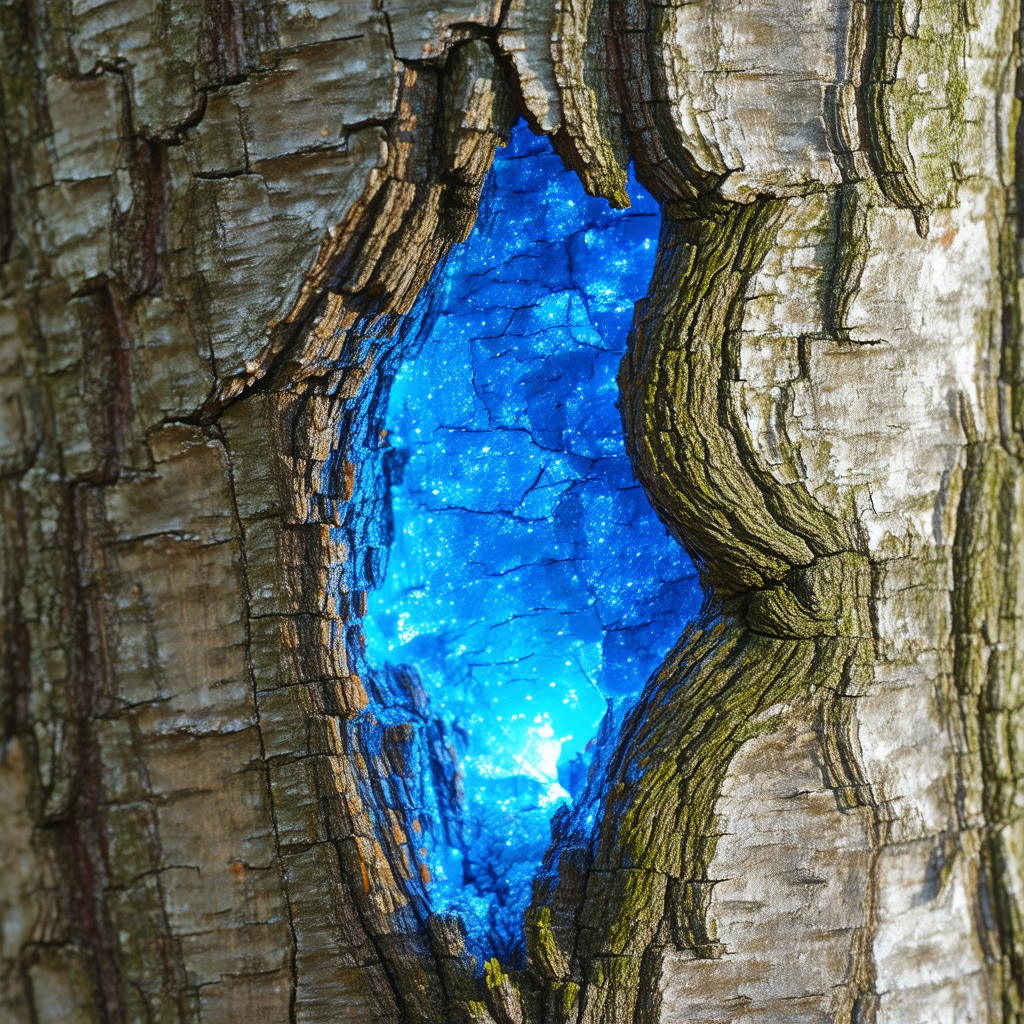 Tree with a blue light shining through a hole in the bark