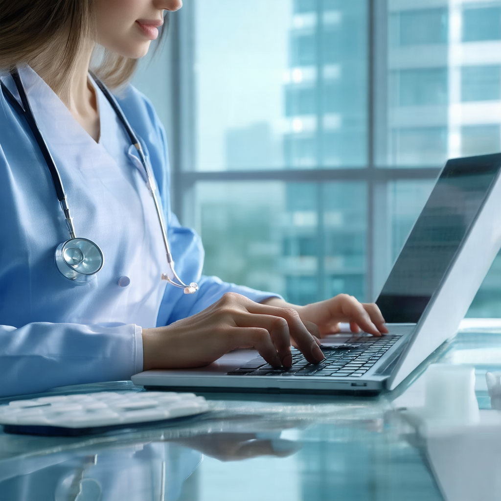 Woman wearing a white coat, sitting at a desk and typing ...