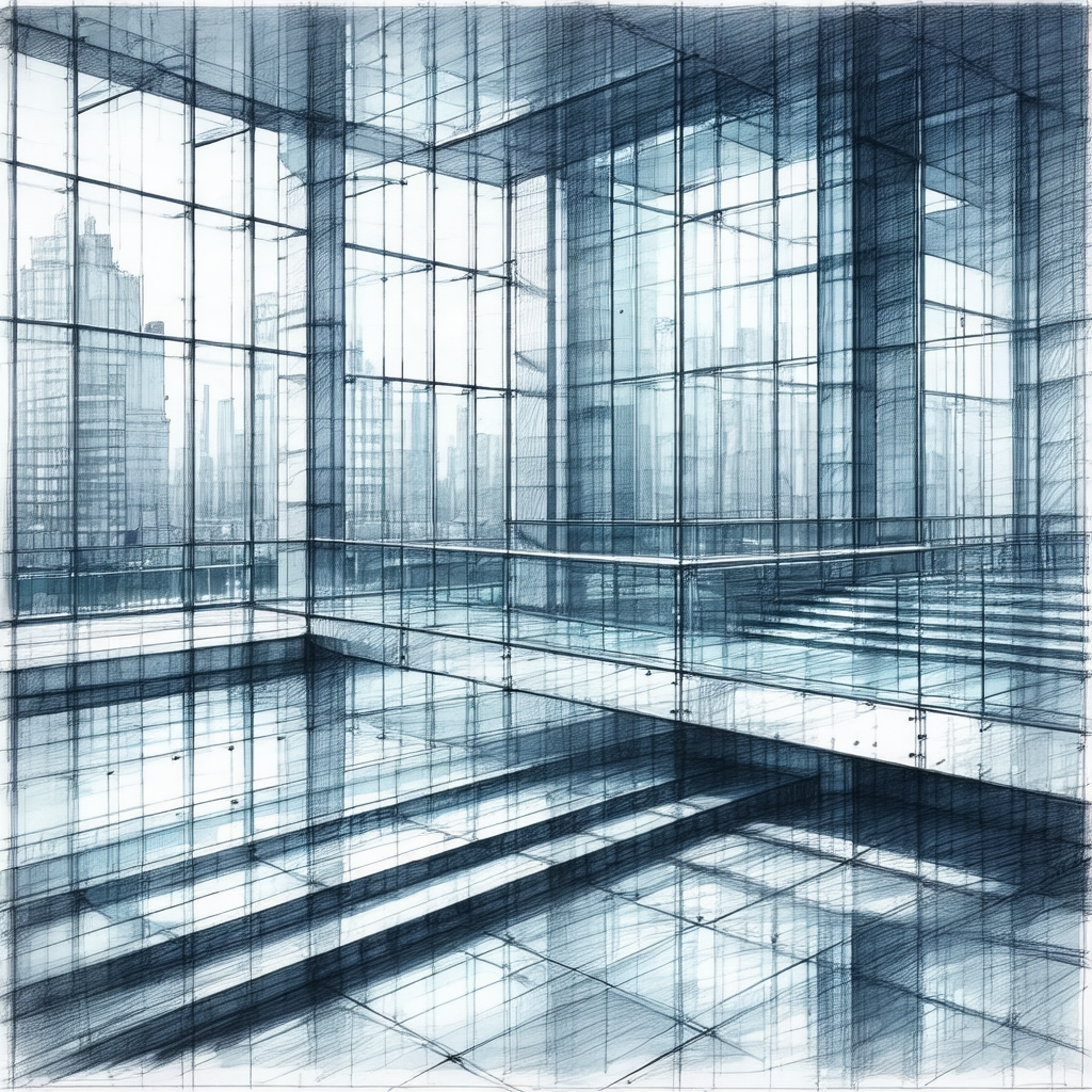 Blue and white drawing of a large building with a glass f...