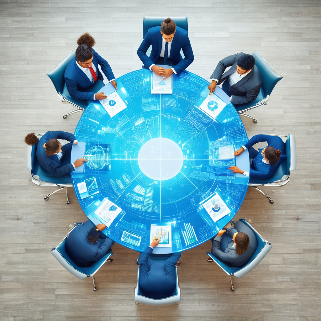Group of people sitting around a large, blue circular table