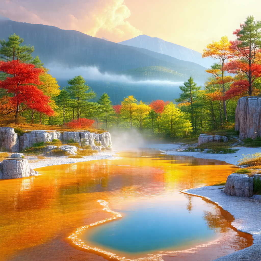 Serene scene of a river flowing through a valley, surroun...