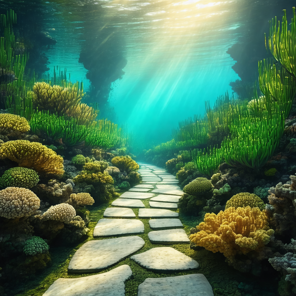 3d rendering of a pathway in the ocean, surrounded by a v...