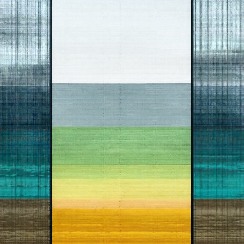 Large, colorful, and patterned curtain hanging on a wall