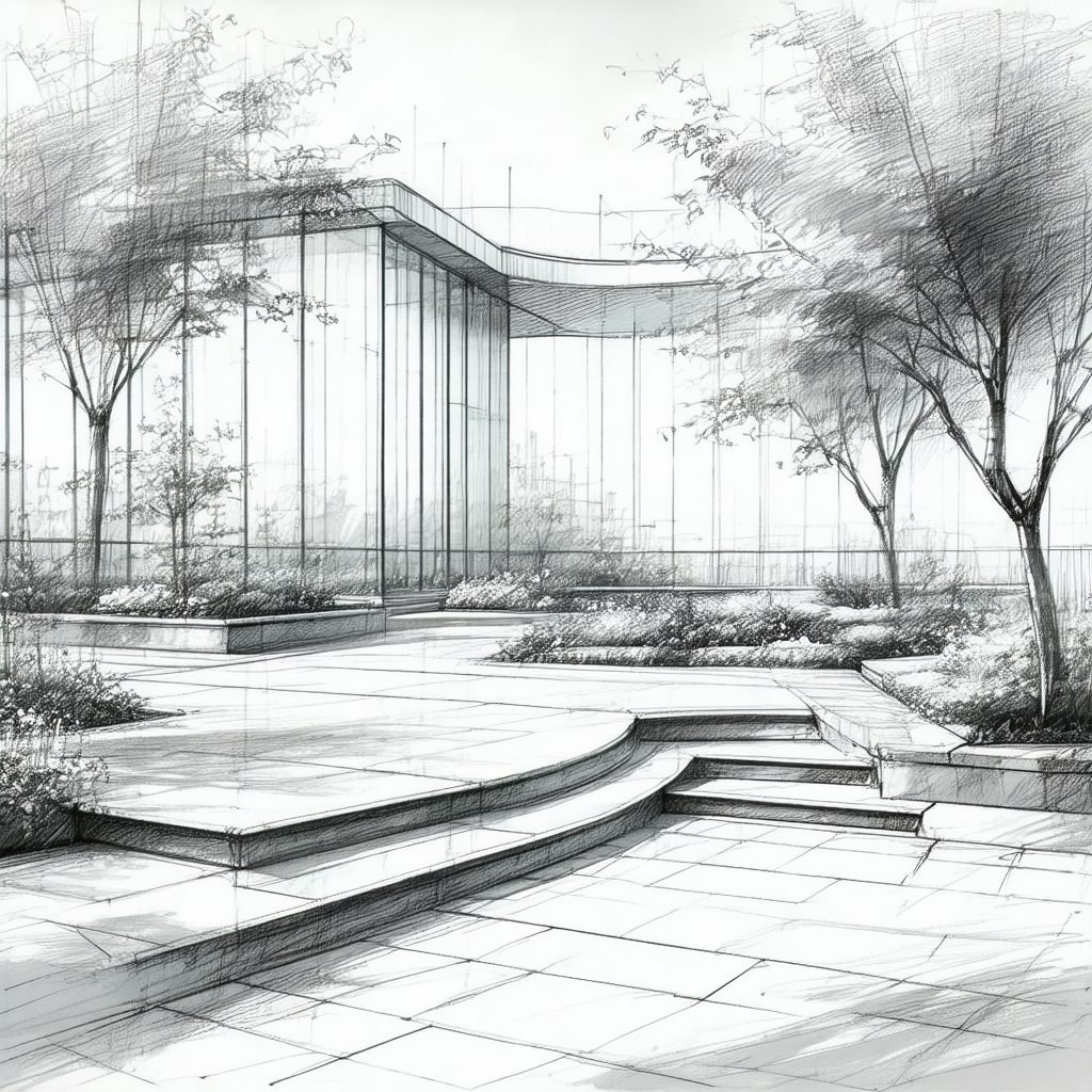 Drawing of a large building with a walkway leading to it