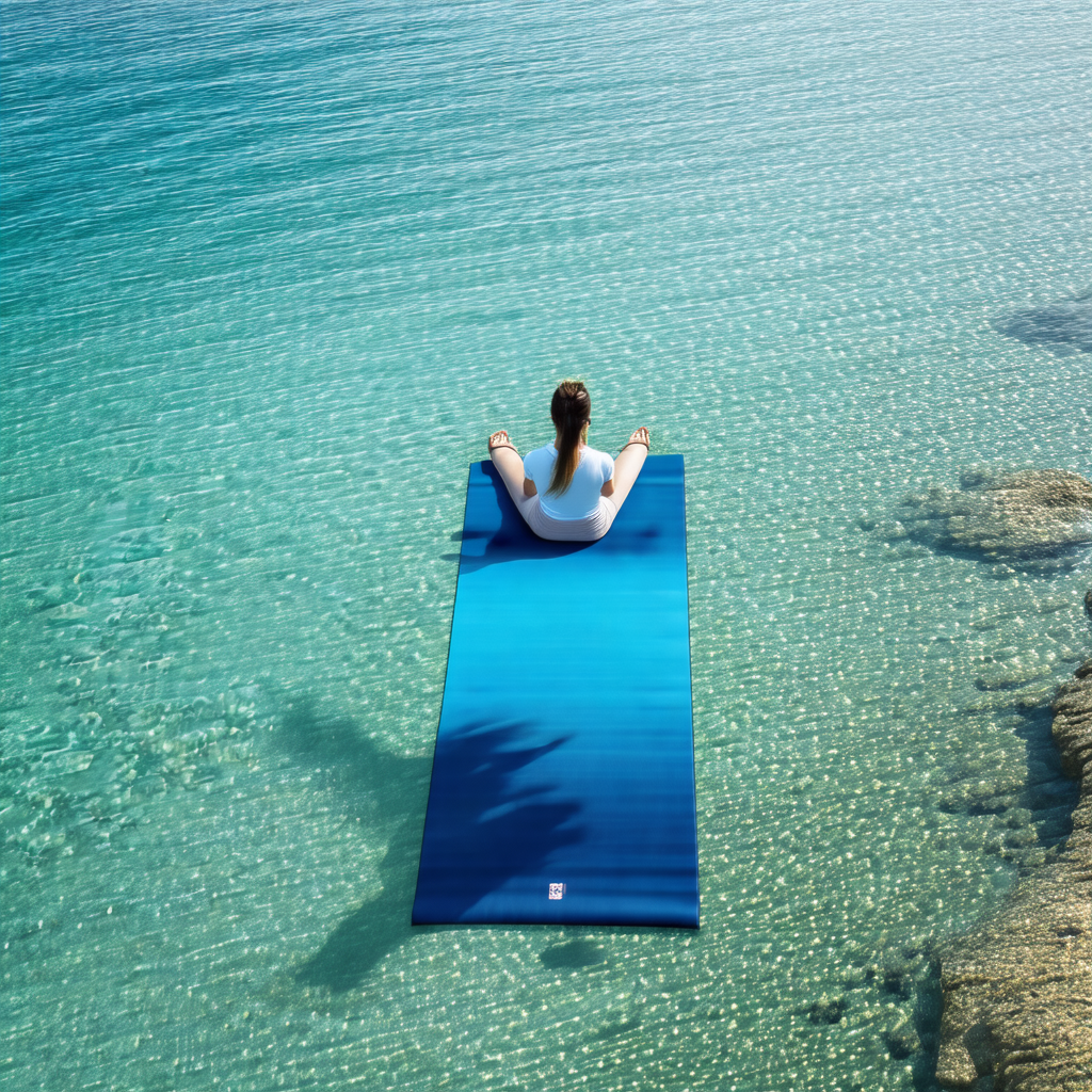 Woman sitting on a blue mat in the middle of a body of wa...