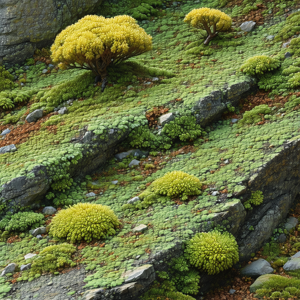 Lush green hillside with a variety of plants and trees