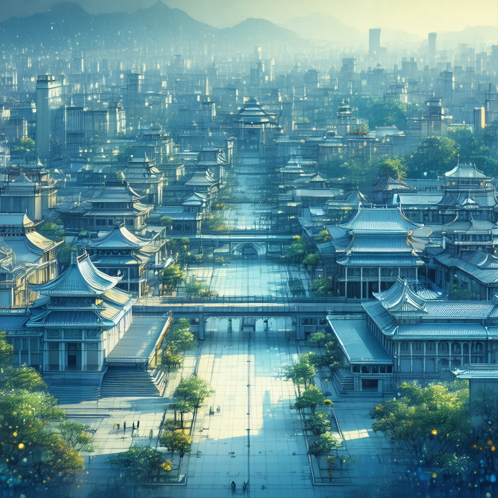 Painting of a city with a large bridge spanning across th...