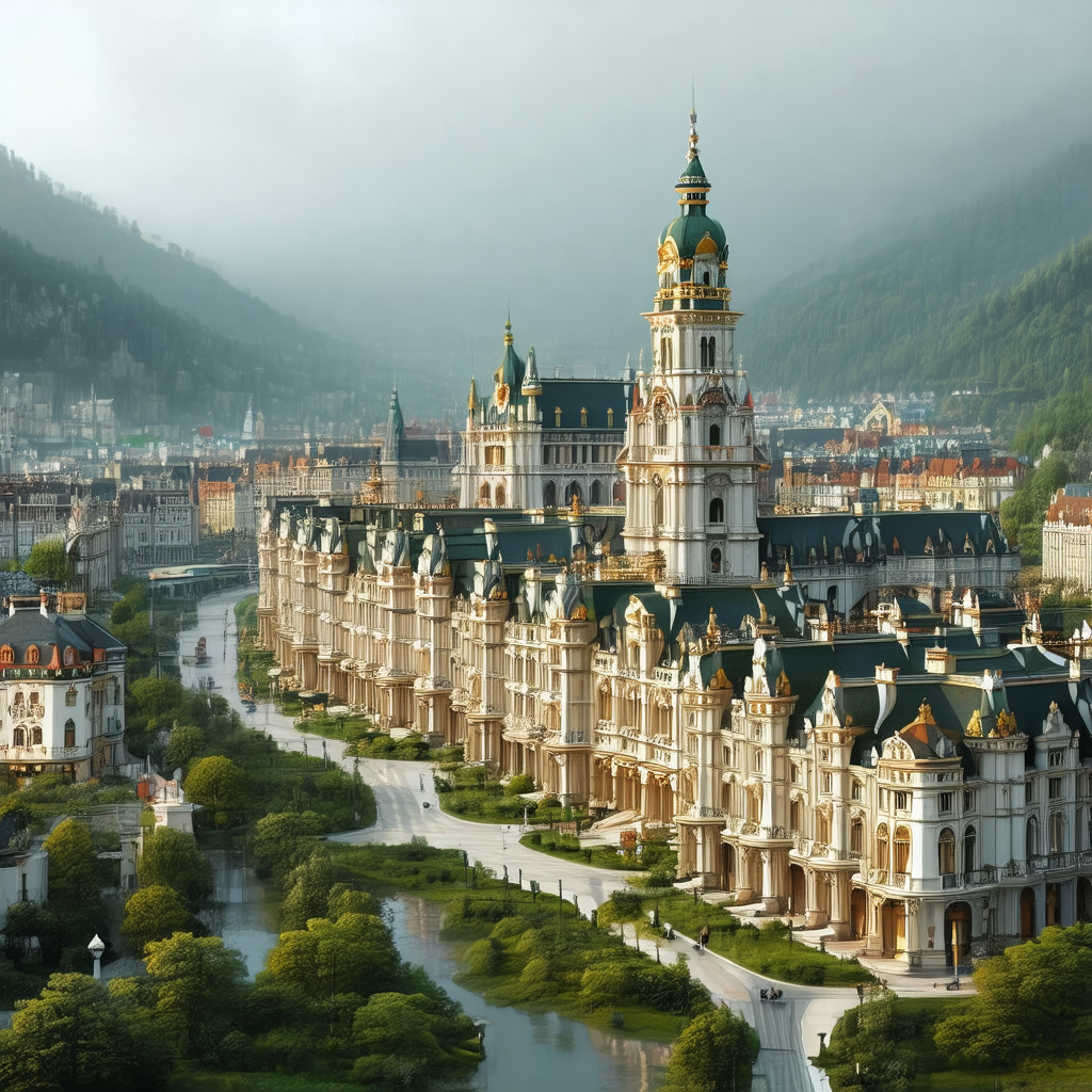 Large, ornate building with a clock tower, situated in a ...