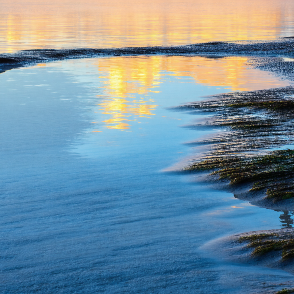Serene beach scene with a body of water, possibly a lake ...