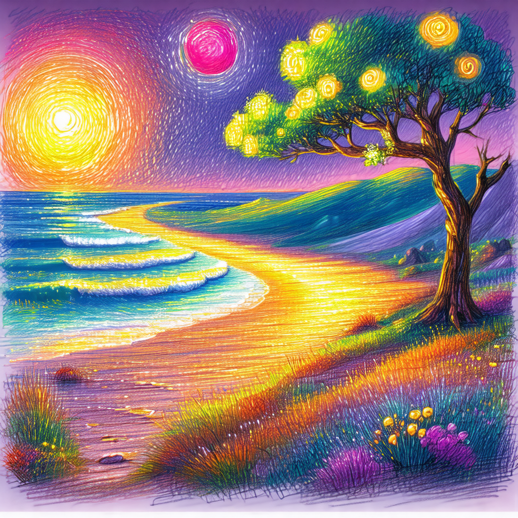 Colorful painting of a beach scene