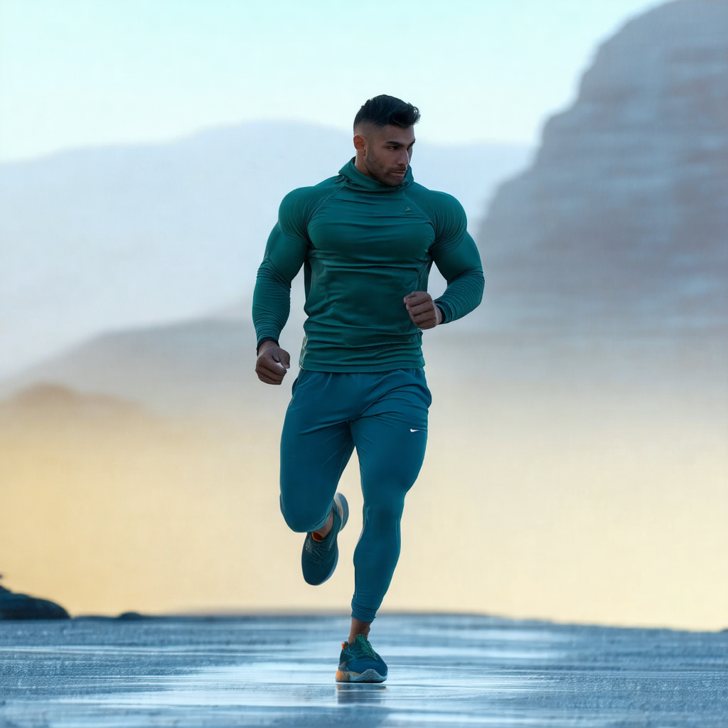 Man wearing a green shirt and blue shorts, running on a w...