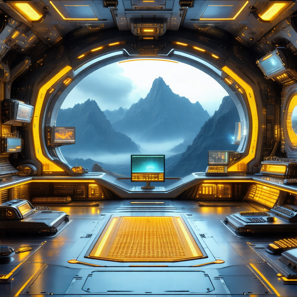 Futuristic space scene with a large window that provides ...