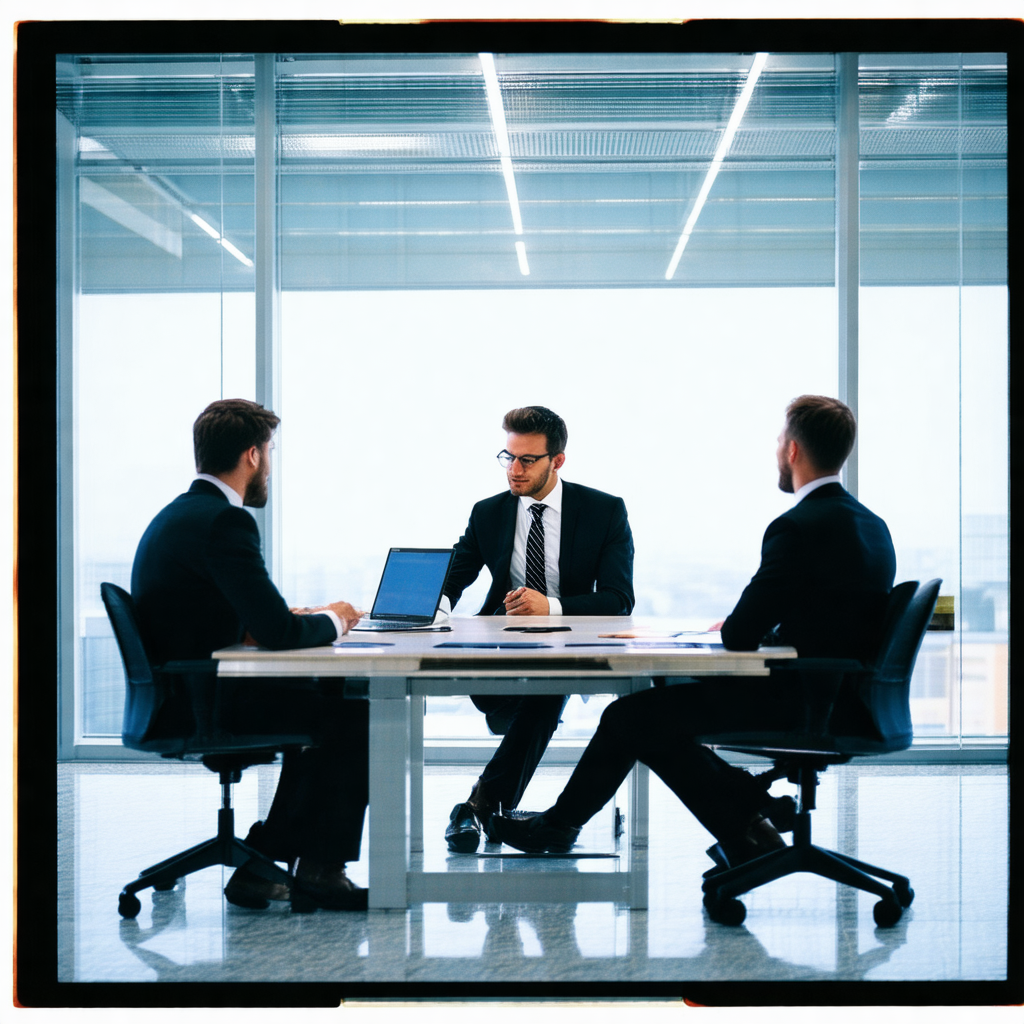Group of three men sitting around a conference table in a...