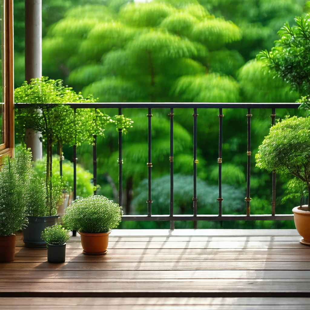 Wooden deck with a variety of potted plants placed on it