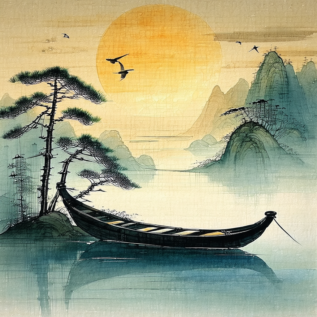 Small boat floating on a body of water, possibly a lake o...