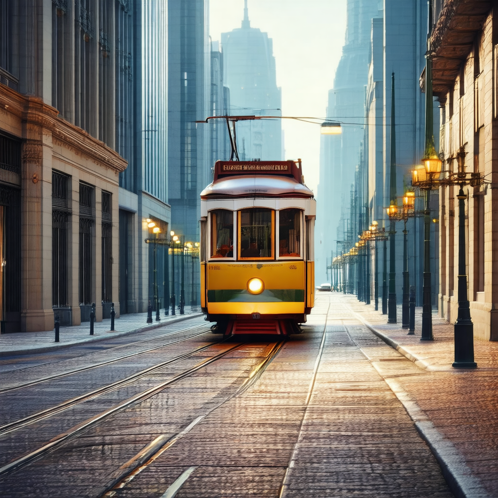 Yellow trolley car traveling down a city street