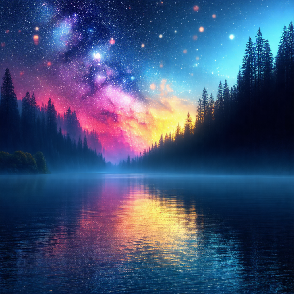 Serene scene of a lake at night, with a beautiful view of...