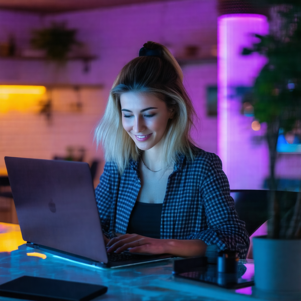 Woman sitting at a dining table, working on her laptop