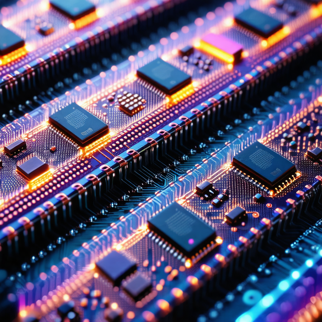 Close-up of a computer circuit board with a row of chips ...