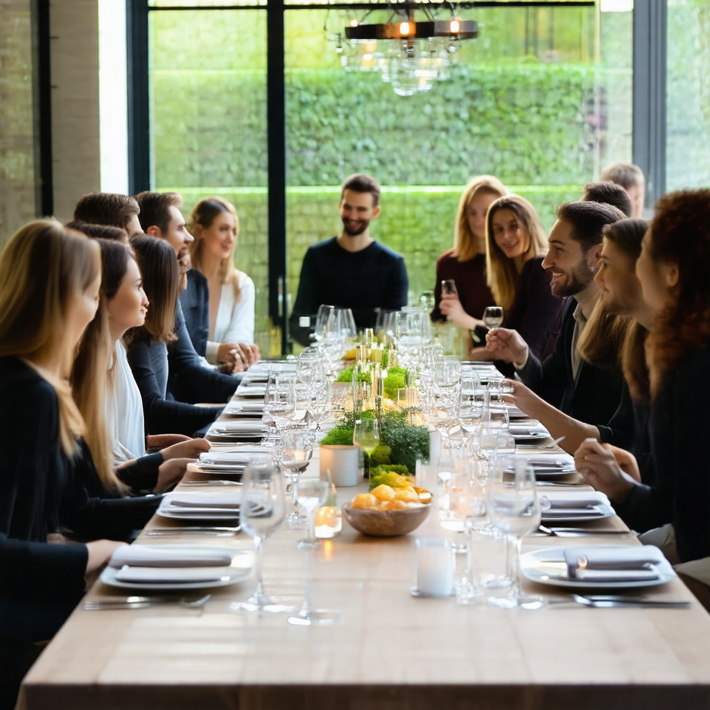 Large group of people gathered around a long dining table...