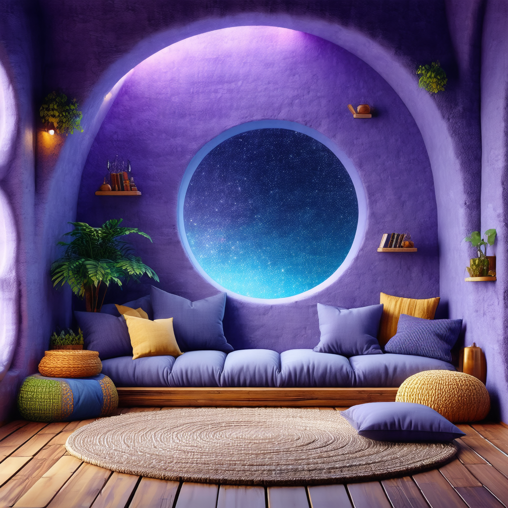 Cozy living room with a purple color scheme
