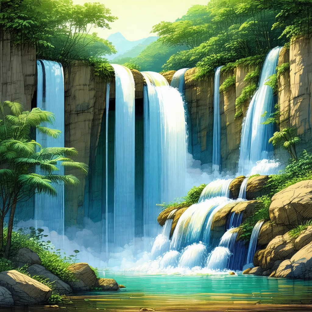 Beautiful waterfall surrounded by lush green trees
