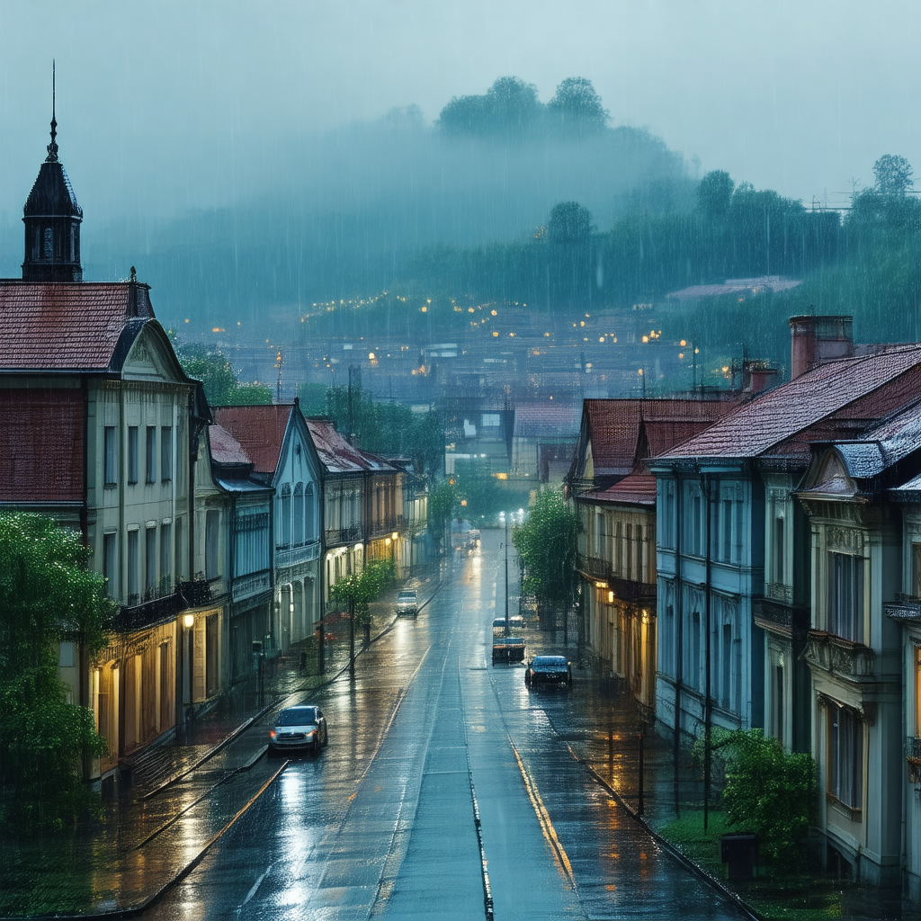 Rainy night in a small town, with a street lined with hou...