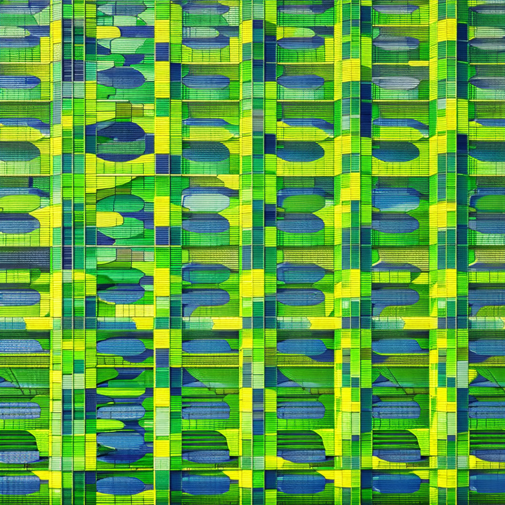 Large, colorful wall with a pattern of green, yellow, and...