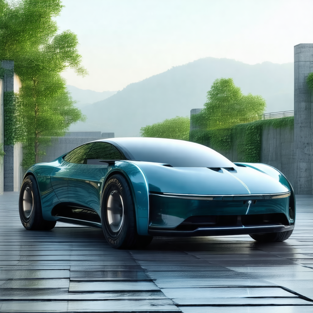 Futuristic blue car parked on a cement surface