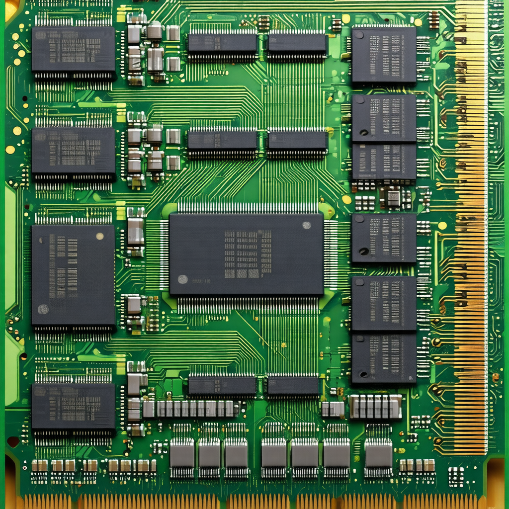Close-up of a computer circuit board with many chips and ...