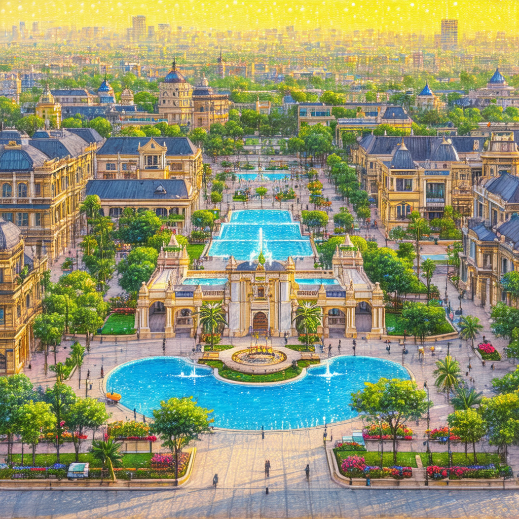 Painting of a city with a large swimming pool in the midd...