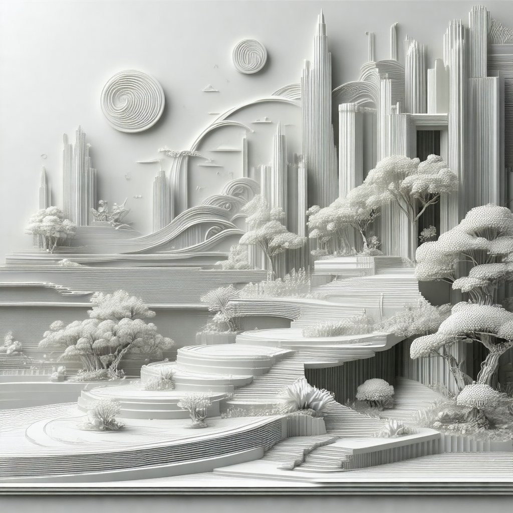 White paper cutout of a cityscape, featuring a large buil...