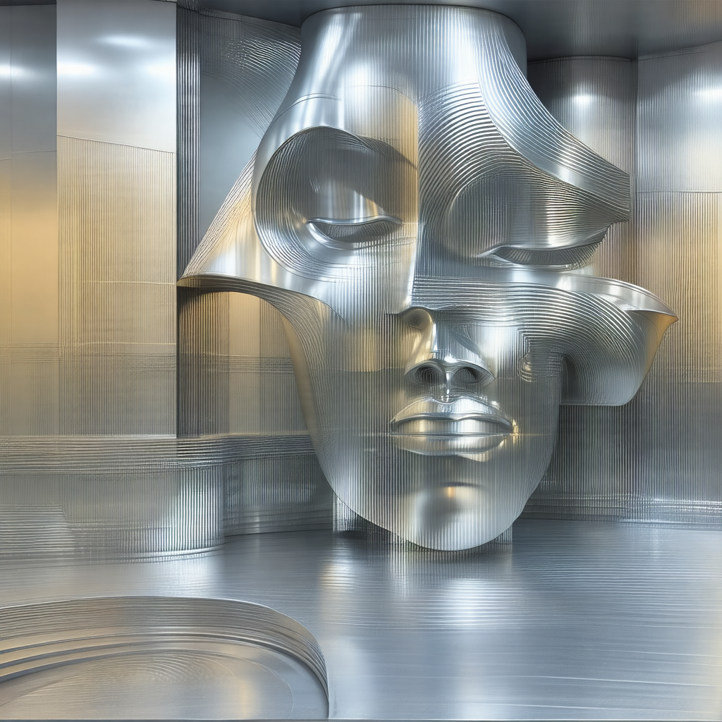 Large, shiny metal sculpture of a face, possibly a bust o...