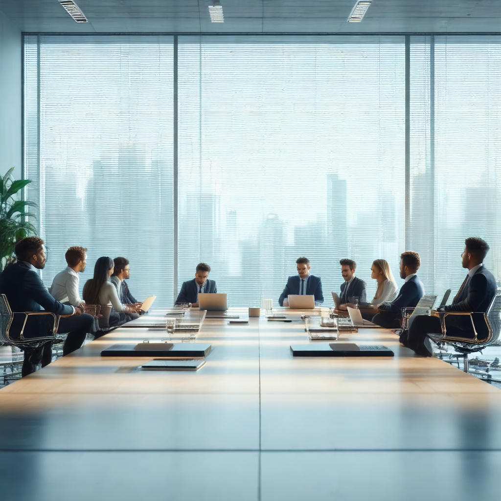 Group of people sitting around a large conference table, ...