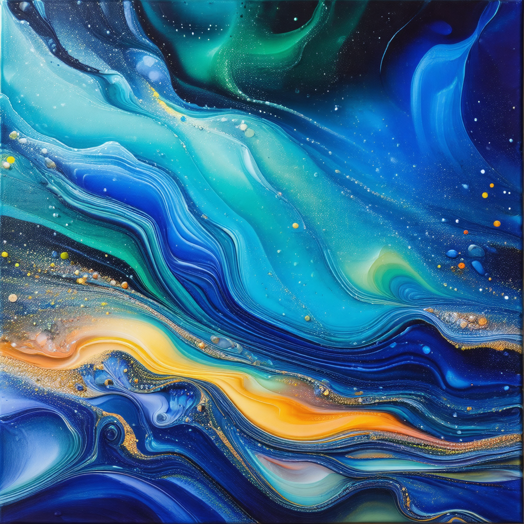 Painting of a blue and yellow ocean with a few orange spots