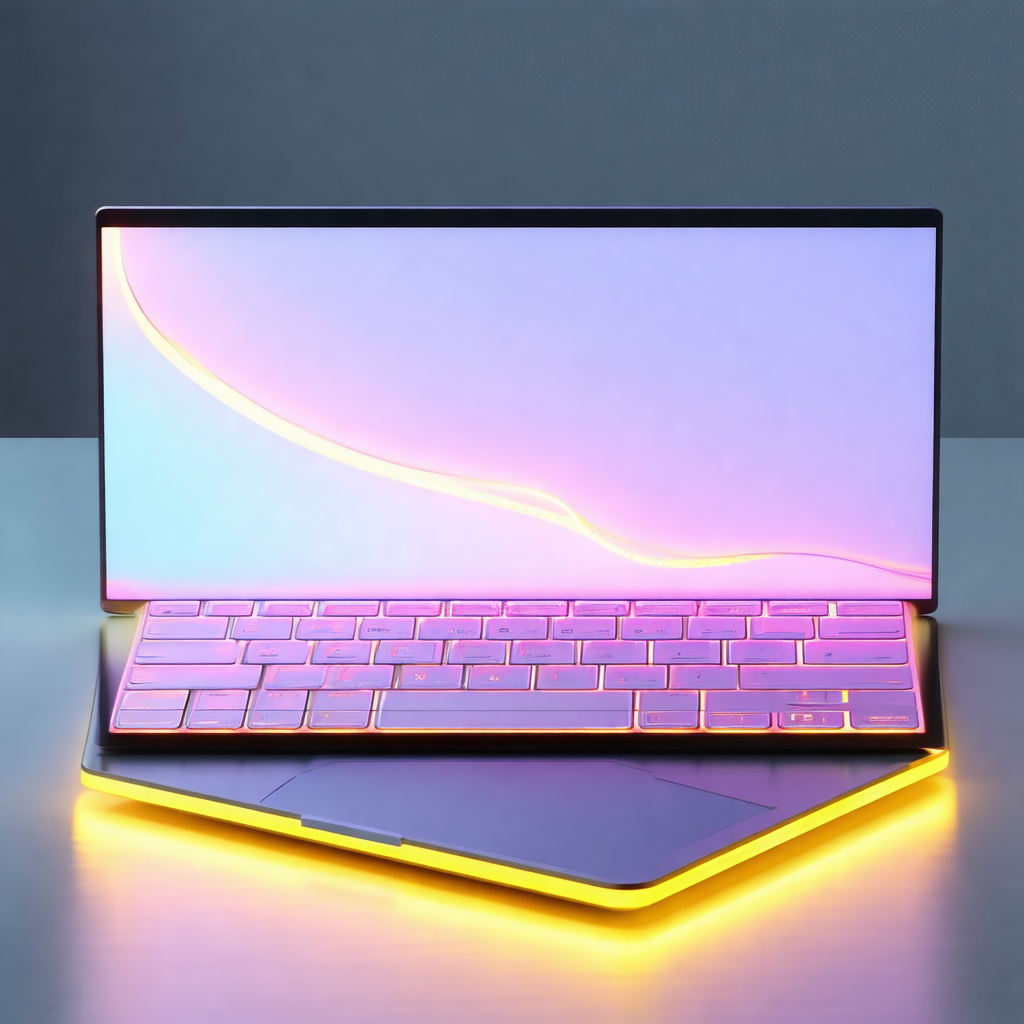 Laptop computer with a pink and yellow glowing keyboard