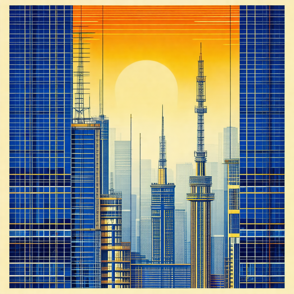 Painting of a cityscape with a large tower in the center