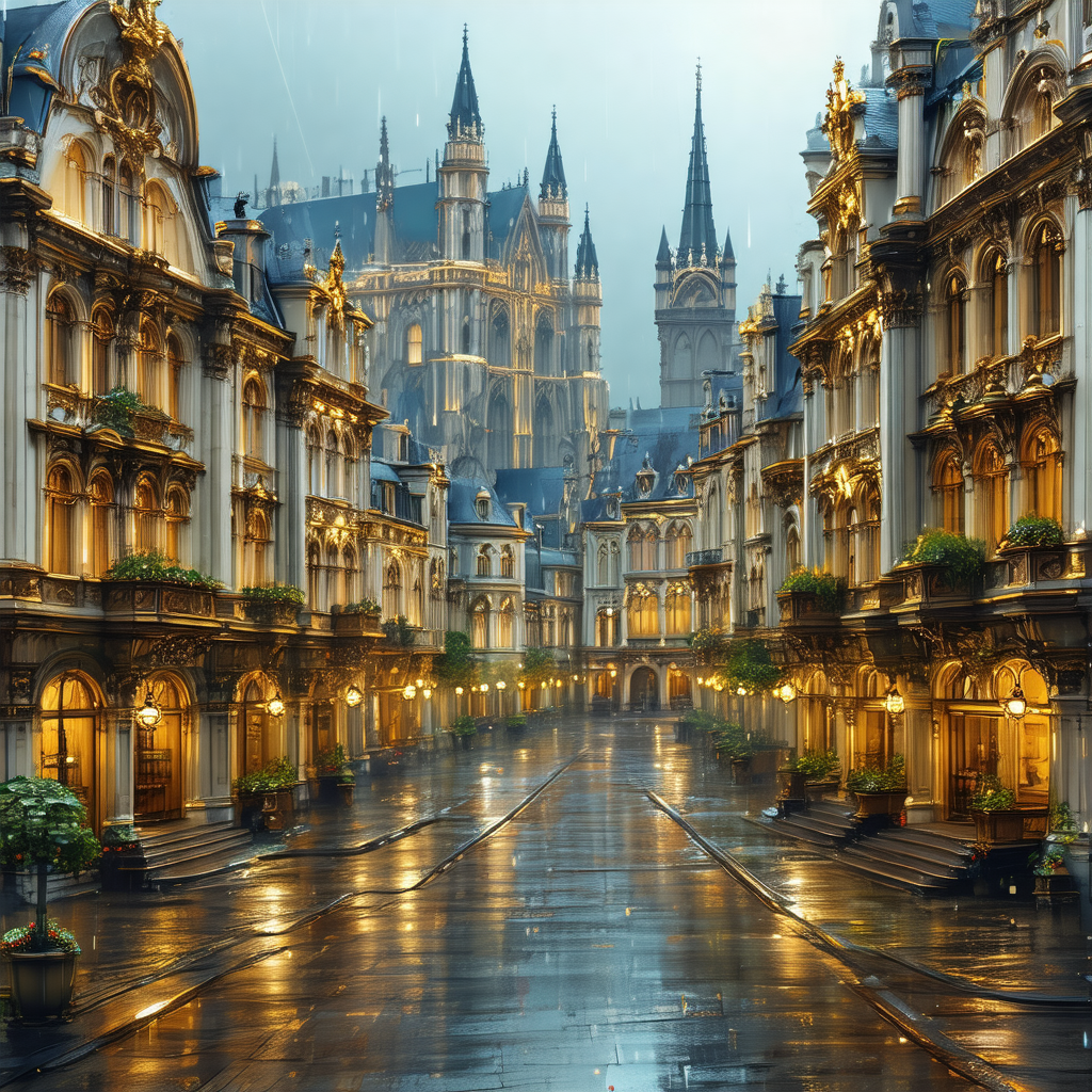 Beautifully lit city street at night, with a castle-like ...
