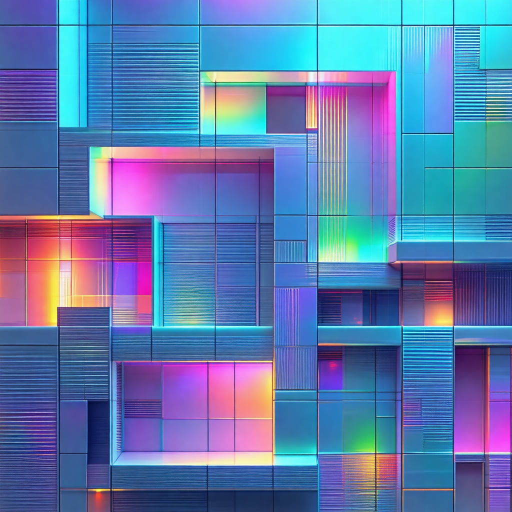 Colorful and abstract artwork featuring a large blue buil...