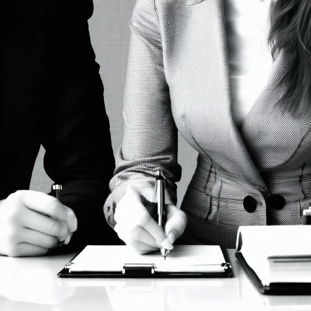 Man and a woman sitting at a table, both wearing suits