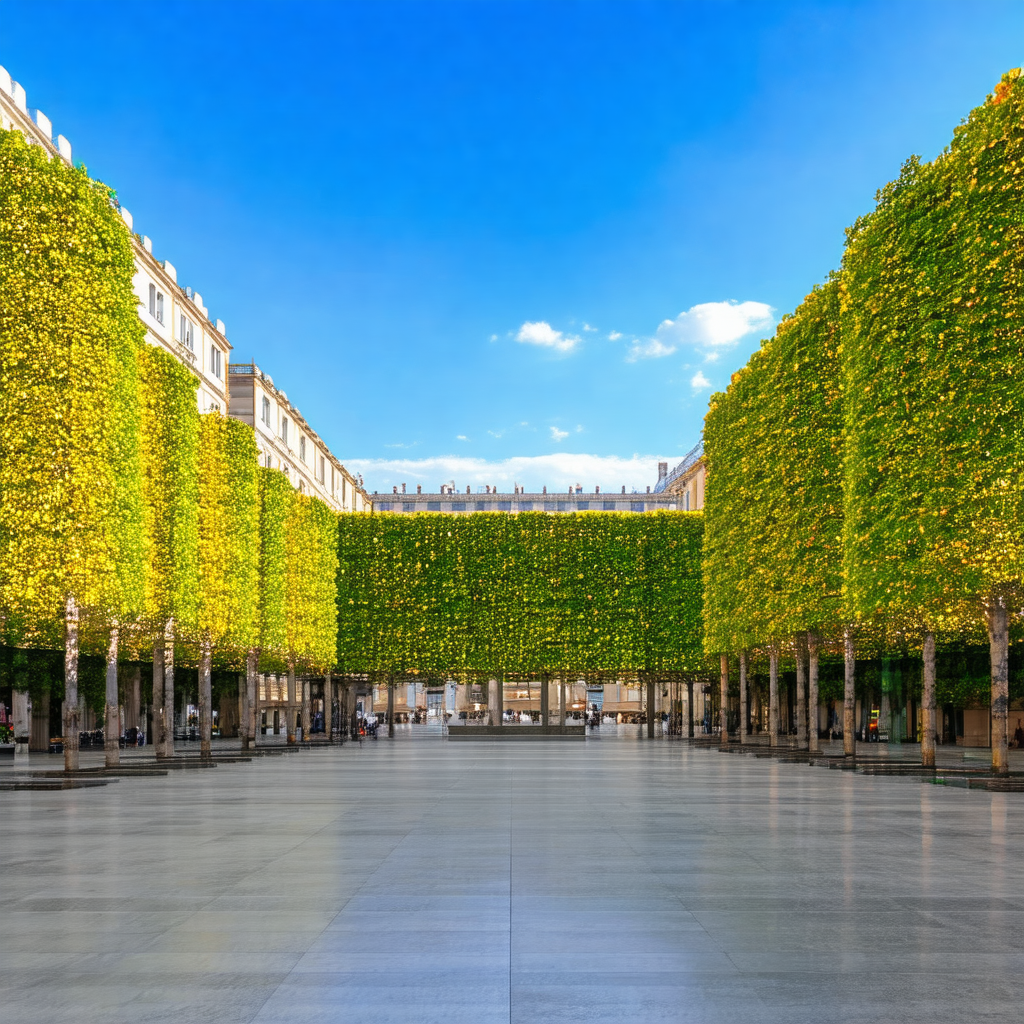 Large, open courtyard with a row of trees lining the walkway