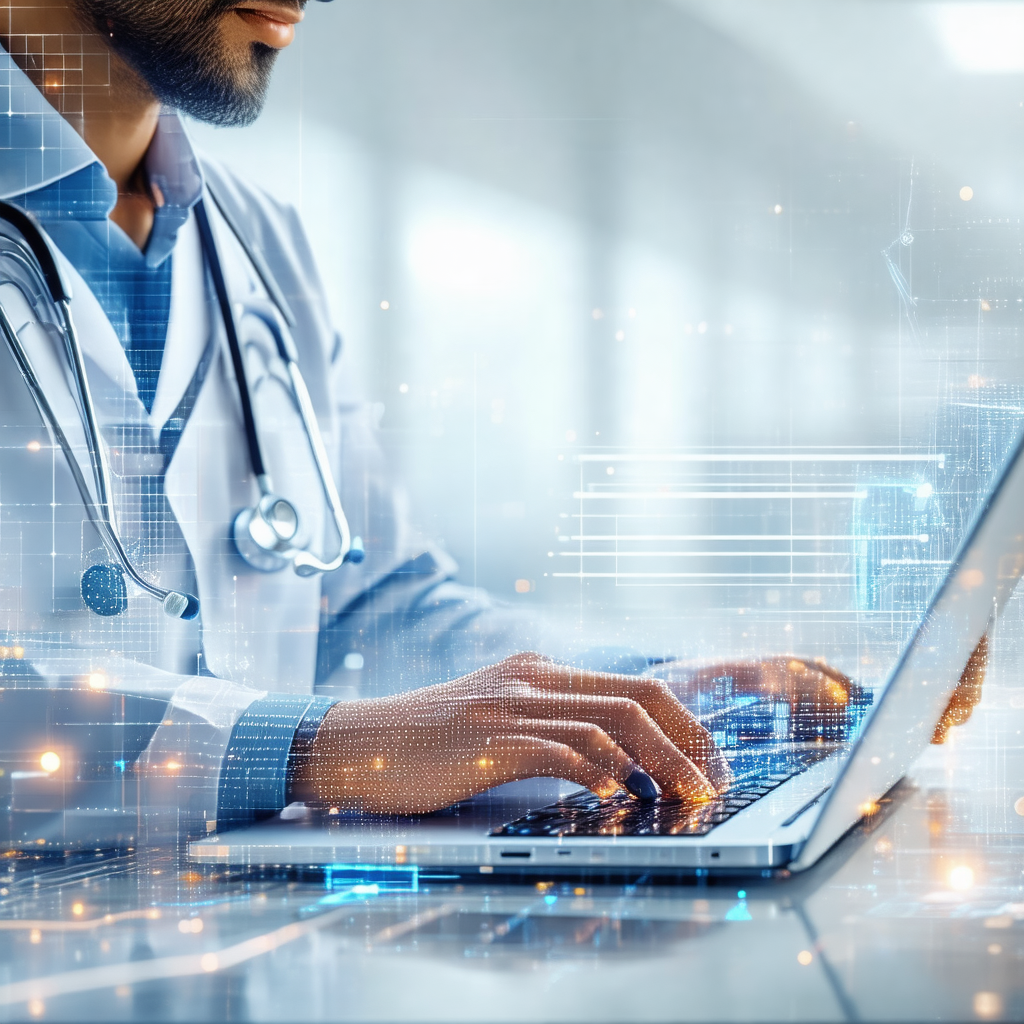 Man wearing a white coat, sitting at a desk and using a l...