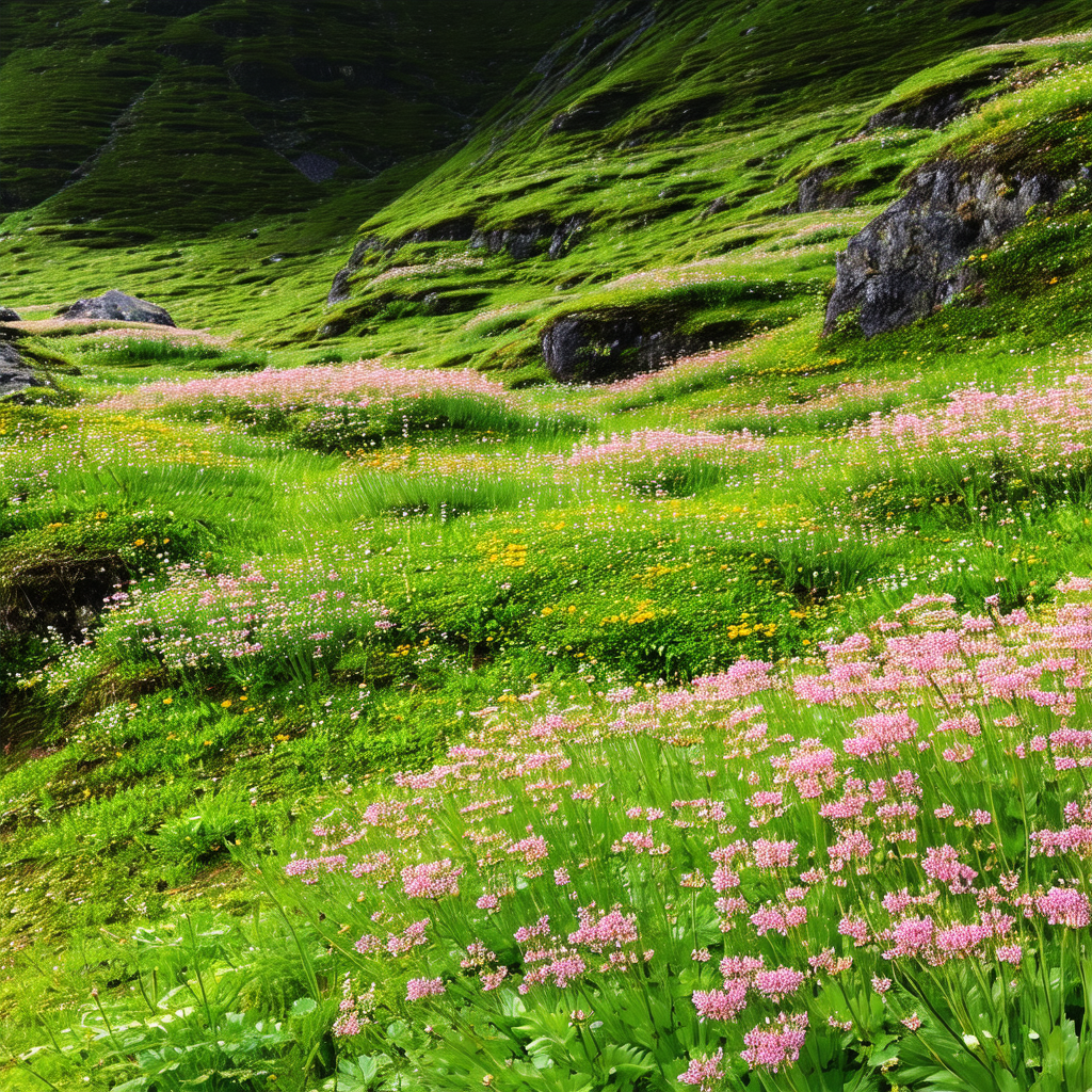 Lush green hillside with a variety of wildflowers scatter...