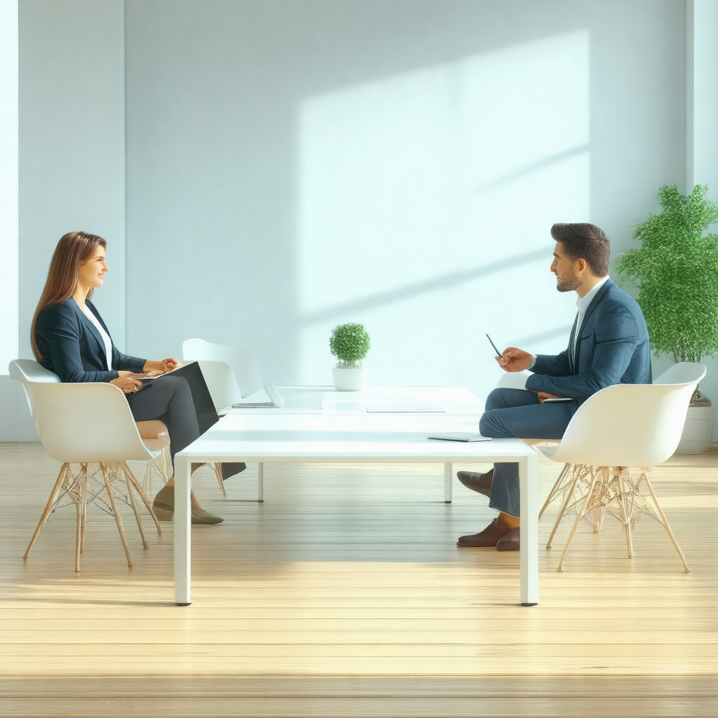 Man and a woman sitting across from each other at a white...