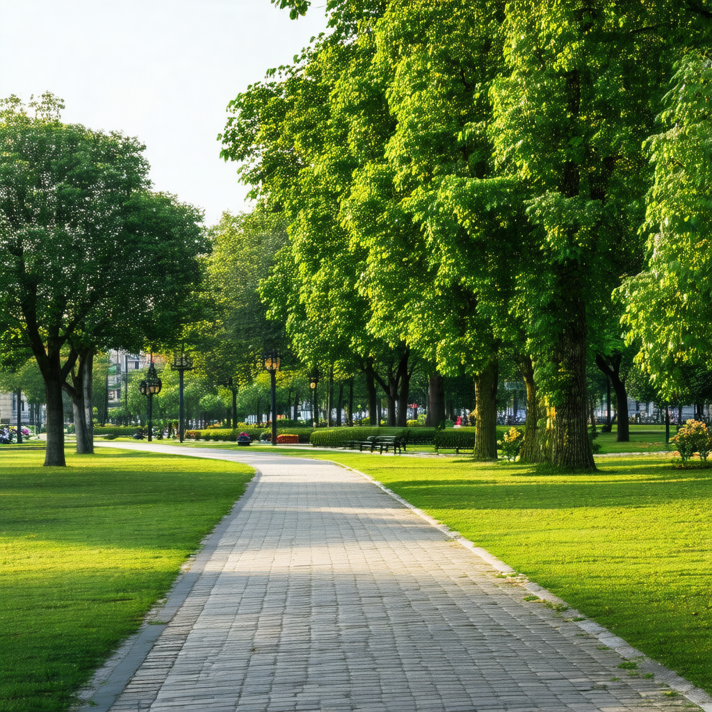 Park with a pathway surrounded by trees