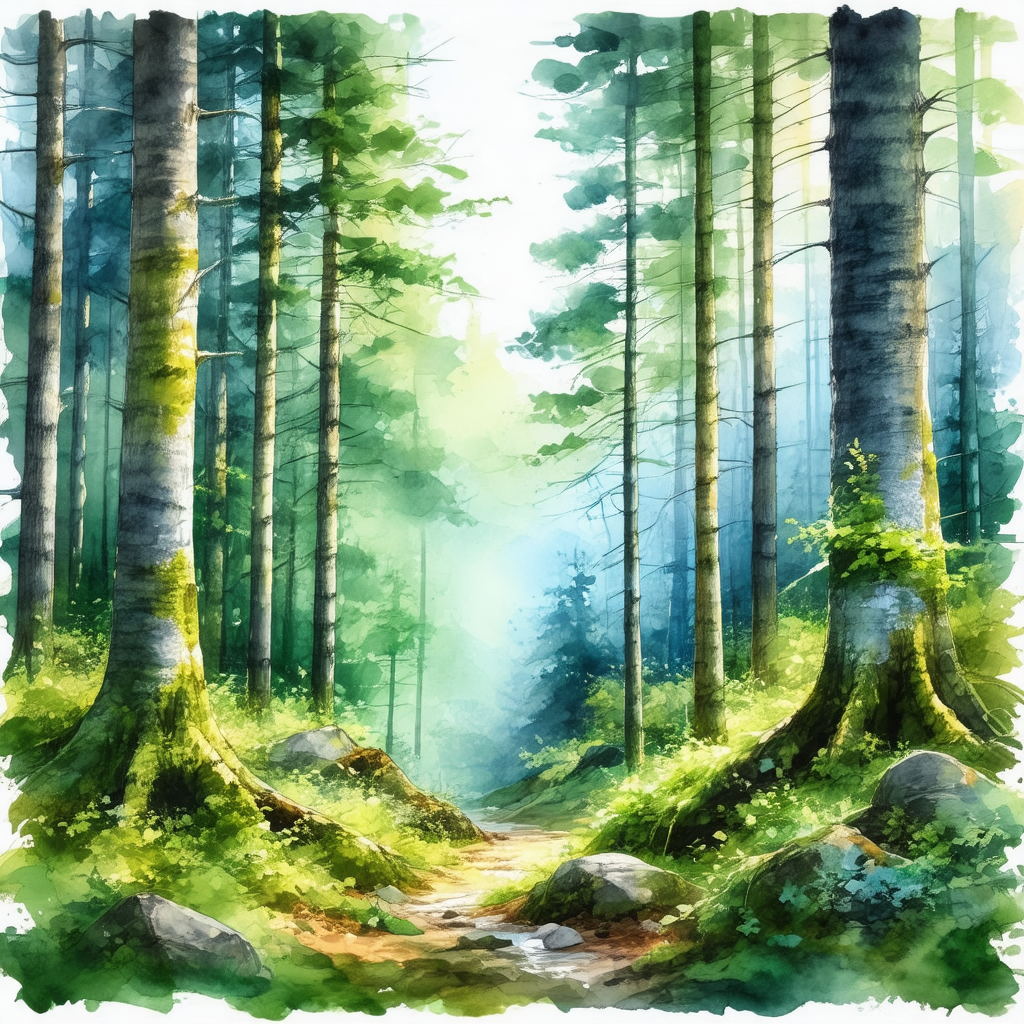 Painting of a forest with a path leading through it