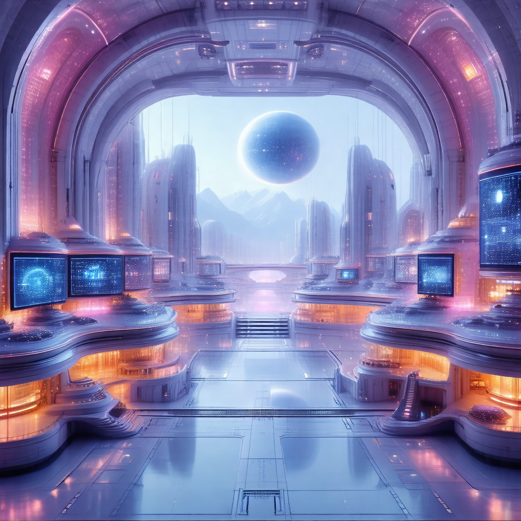 Futuristic, computer-generated scene featuring a large, o...