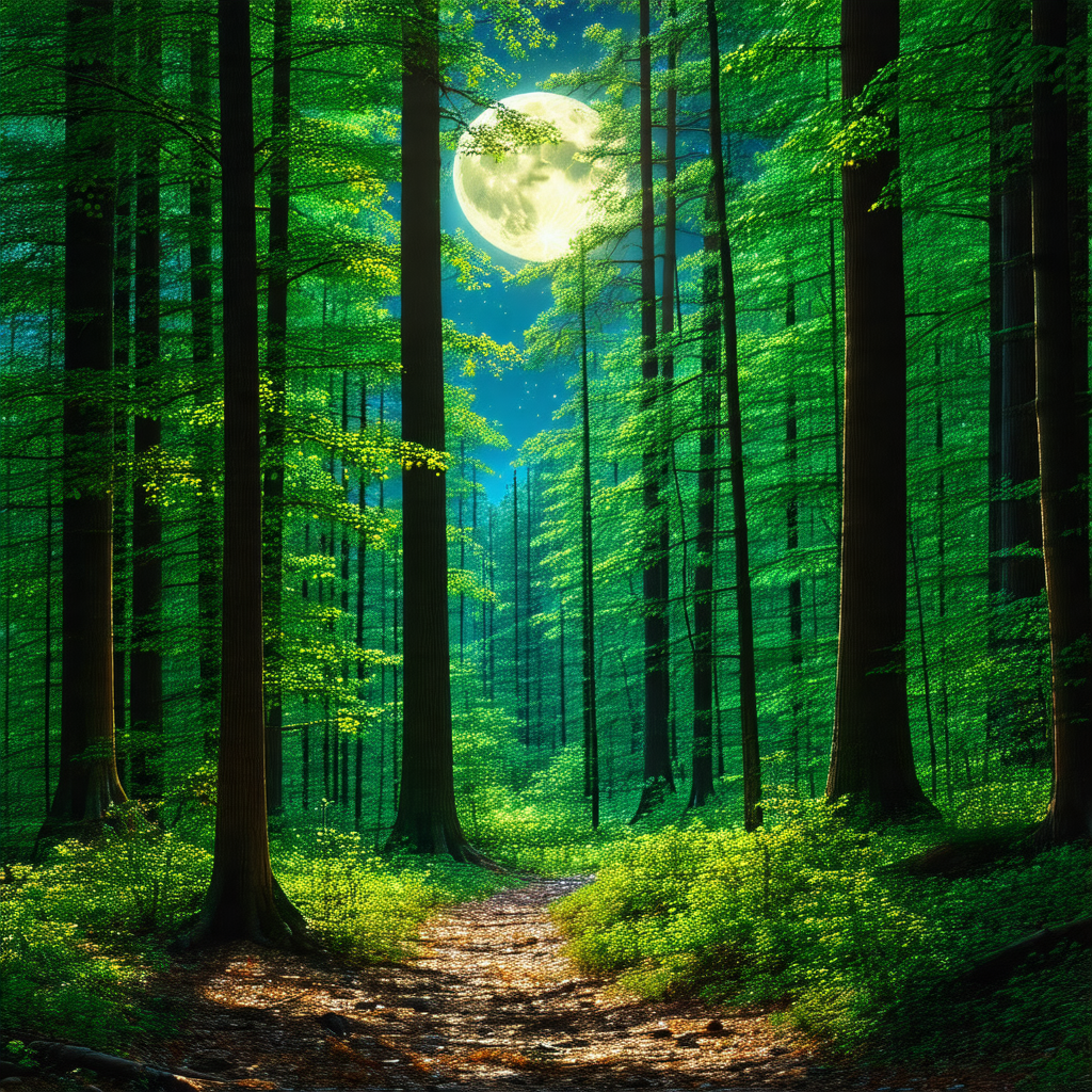 Serene forest scene with a full moon shining brightly in ...