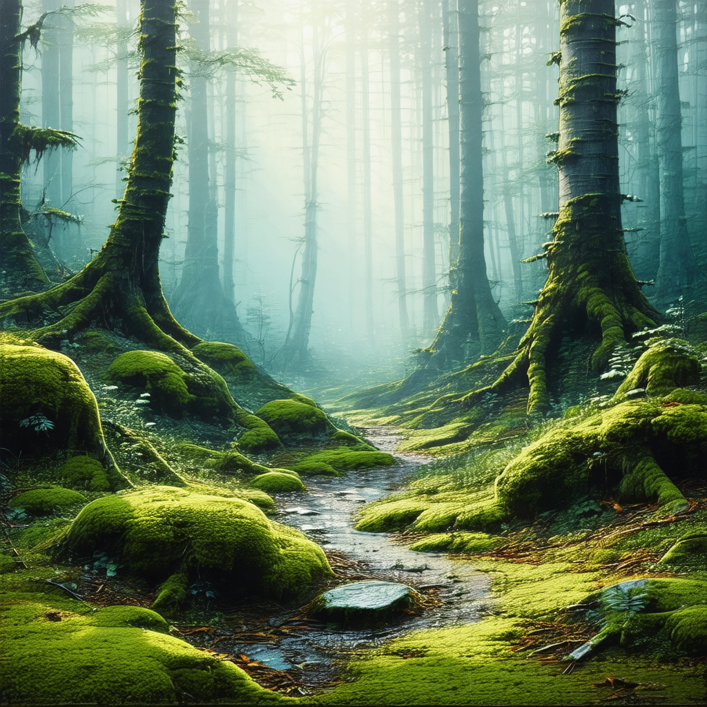 Lush green forest with a pathway leading through the trees