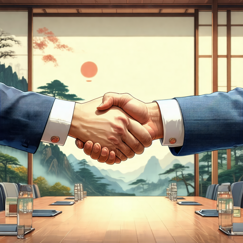 Man and a woman shaking hands in a room with a large wood...